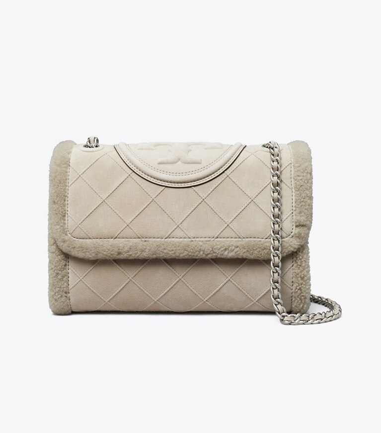 Tory Burch designer shoulder bags Fleming Soft Shearling Convertible Shoulder Bag in Cotton Grey angle