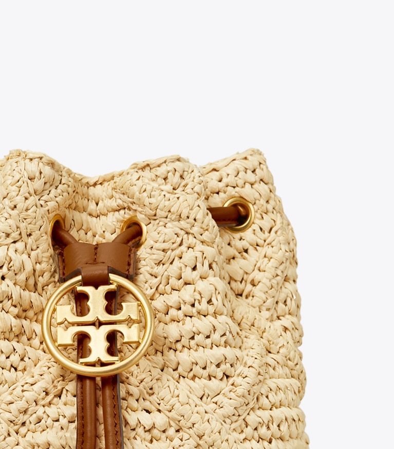Tory Burch designer crossbody bags Fleming Soft Straw Mini Bucket Bag in Natural angle