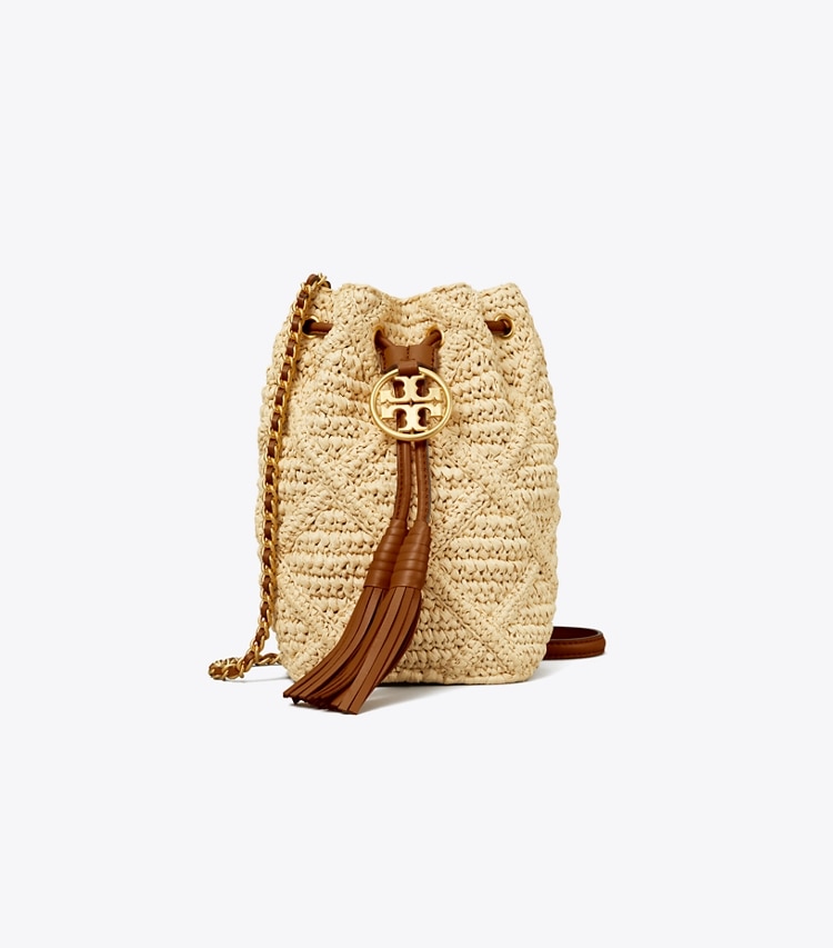 Tory Burch designer crossbody bags Fleming Soft Straw Mini Bucket Bag in Natural front