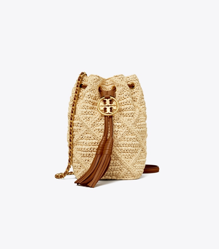Tory Burch designer crossbody bags Fleming Soft Straw Mini Bucket Bag in Natural angle