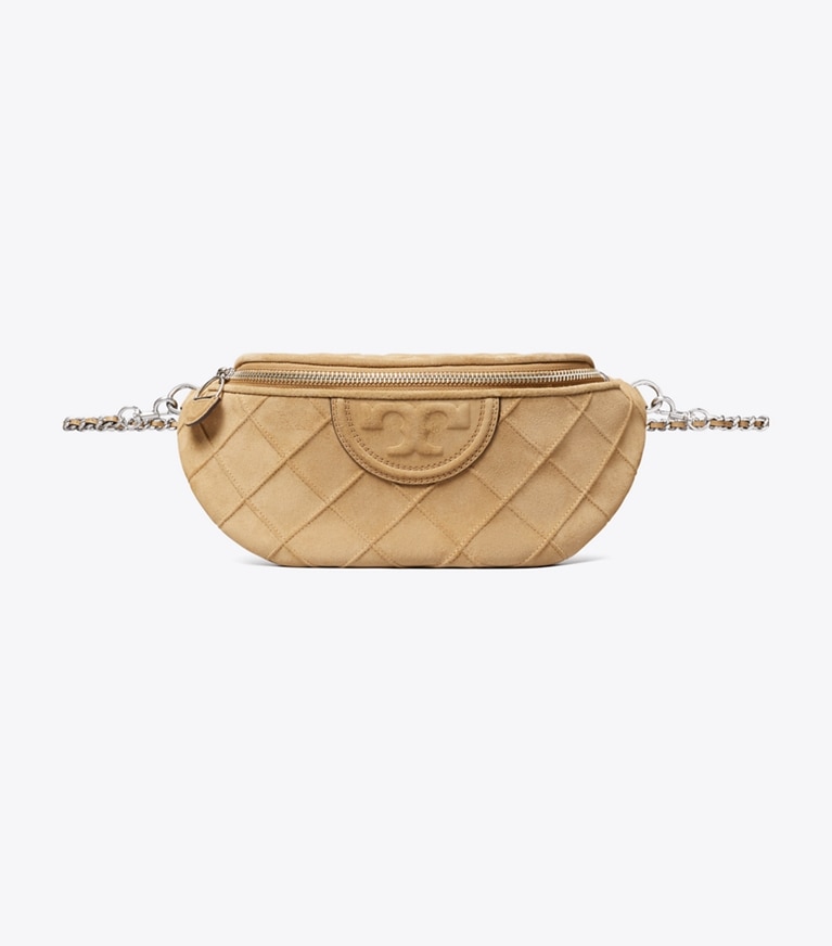 Tory Burch designer belt bags Fleming Soft Suede Belt Bag in Stone front