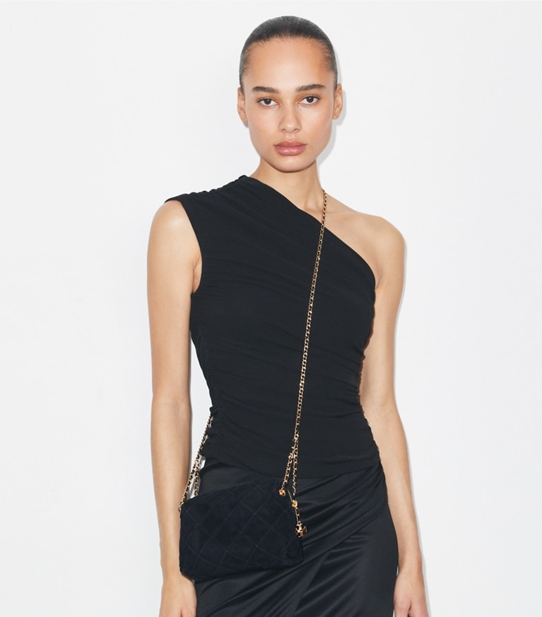 Tory Burch designer クロスボディバッグ フレミング ソフトスエード クロスボディバッグ in Black angle