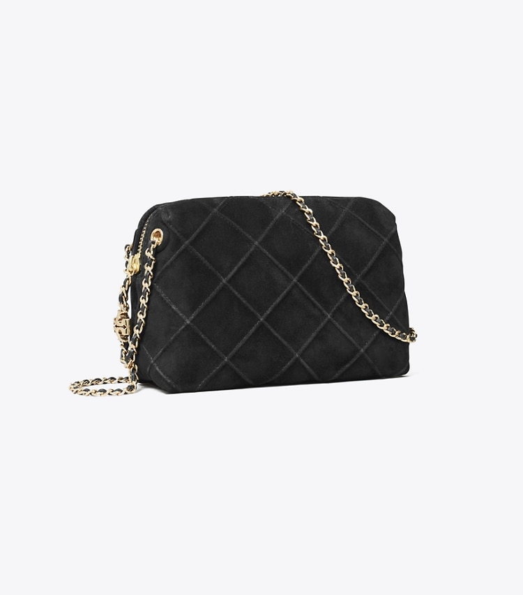 Tory Burch designer crossbody bags Fleming Soft Suede Crossbody Bag in Black angle