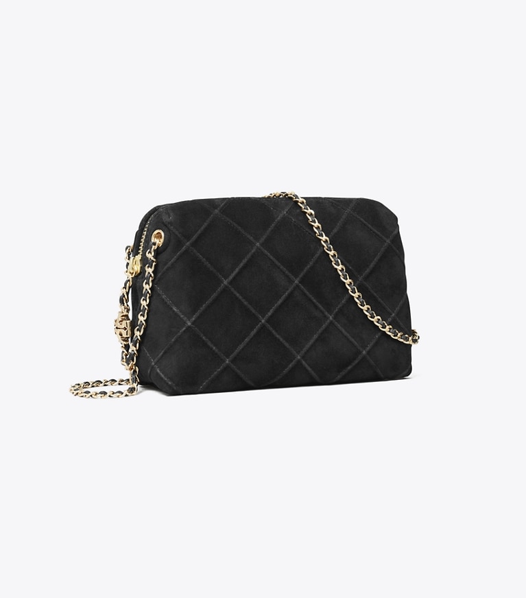 Tory Burch designer crossbody bags Fleming Soft Suede Crossbody Bag in Black angle