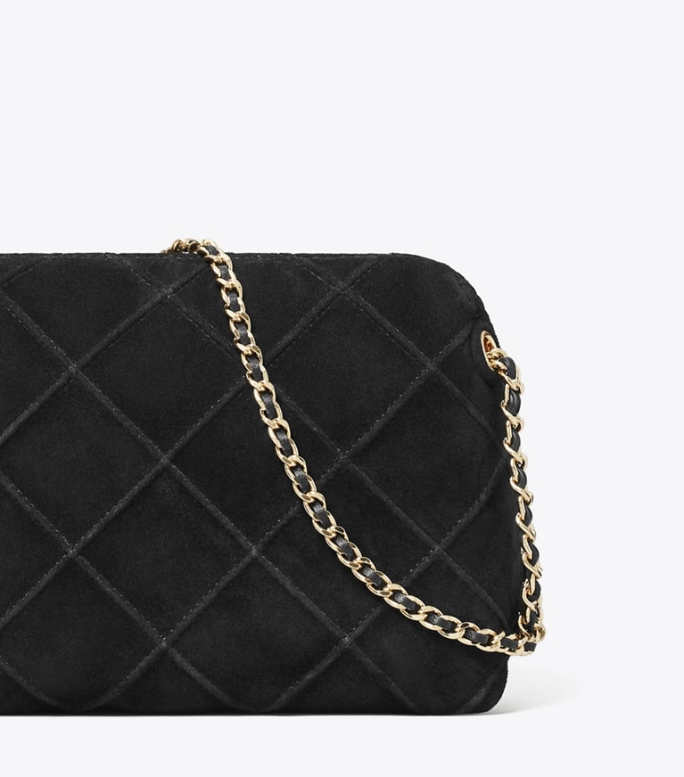 Tory Burch designer crossbody bags Fleming Soft Suede Crossbody Bag in Black angle