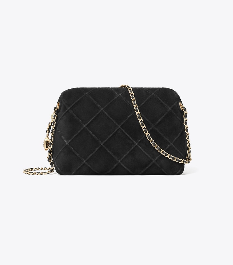 Tory Burch designer crossbody bags Fleming Soft Suede Crossbody Bag in Black angle