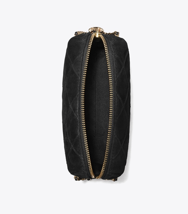 Tory Burch designer crossbody bags Fleming Soft Suede Crossbody Bag in Black angle