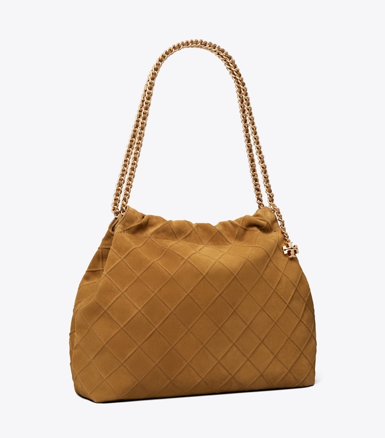 Tory Burch designer ホーボーバッグ フレミング ソフトスエード ホーボーバッグ in CHICORY BROWN angle