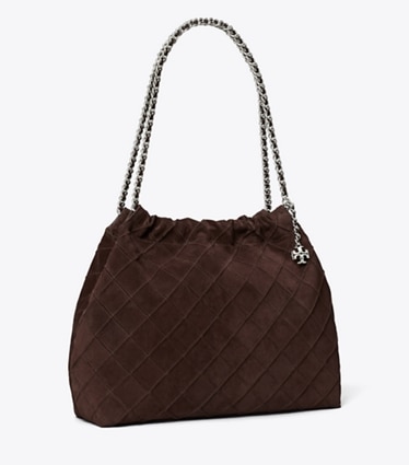 Tory Burch designer hobo bags Fleming Soft Suede Hobo Bag in Licorice angle
