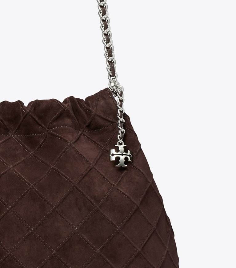 Tory Burch designer hobo bags Fleming Soft Suede Hobo Bag in Licorice angle
