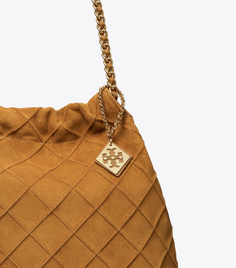 Tory Burch designer hobo bags Fleming Soft Suede Hobo Bag in Chicory Brown detail