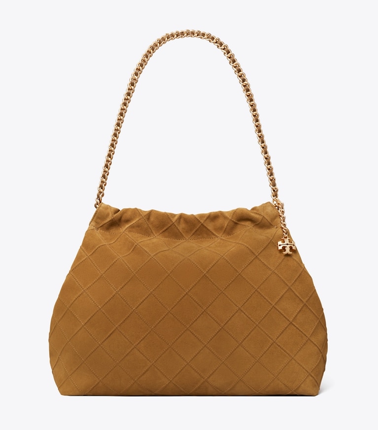 Tory Burch designer ホーボーバッグ フレミング ソフトスエード ホーボーバッグ in CHICORY BROWN angle