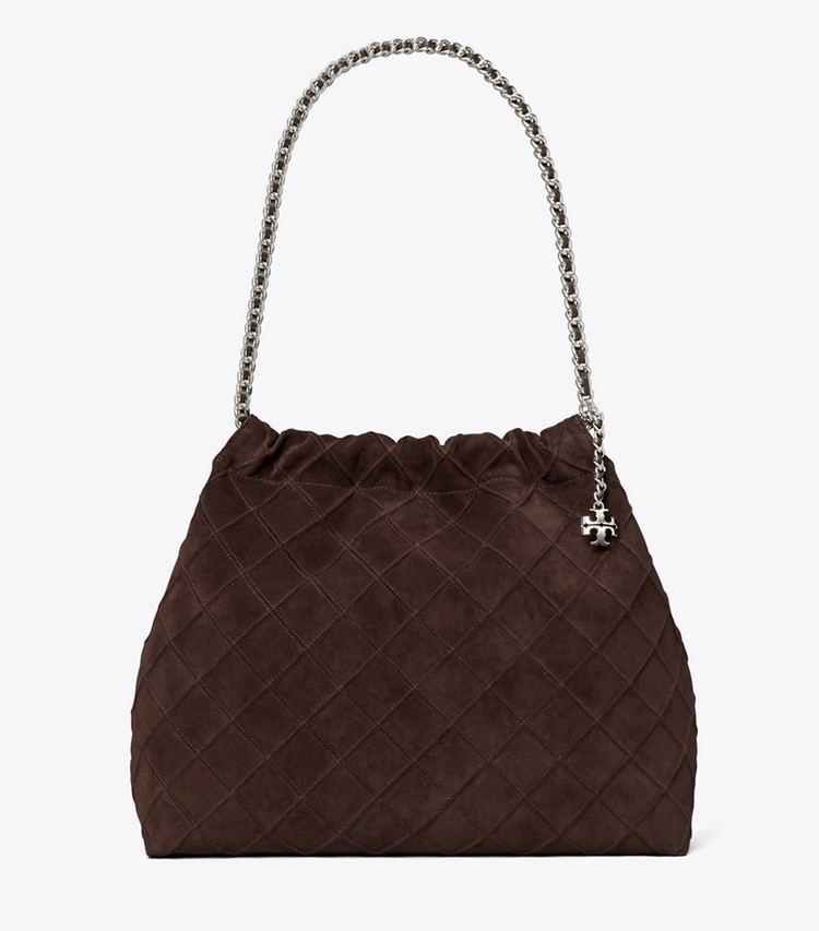 Tory Burch designer hobo bags Fleming Soft Suede Hobo Bag in Licorice front