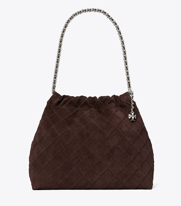 Tory Burch designer hobo bags Fleming Soft Suede Hobo Bag in Licorice angle