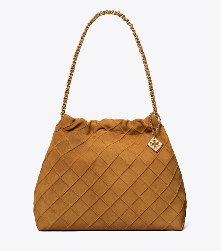 Tory Burch designer hobo bags Fleming Soft Suede Hobo Bag in Chicory Brown front
