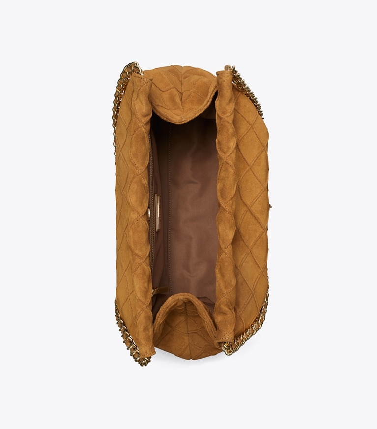 Tory Burch designer hobo bags Fleming Soft Suede Hobo Bag in Chicory Brown angle