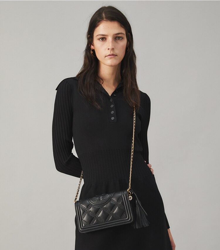 Tory Burch designer mini bags Fleming Soft Wallet Crossbody in Black accessory on model