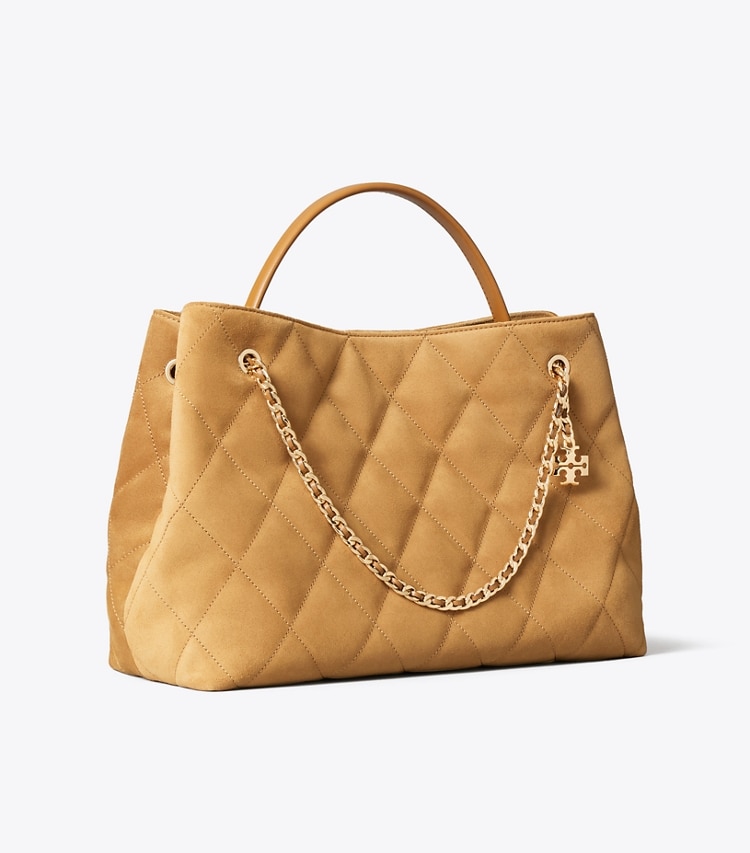 Tory Burch designer satchels Fleming Suede Carryall in Toffee angle