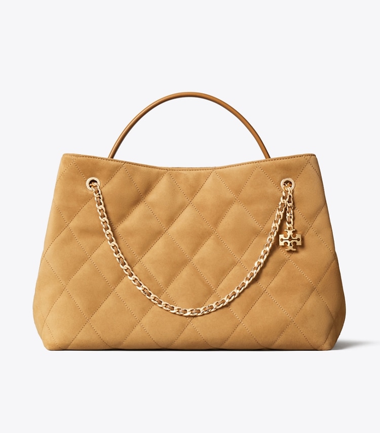 Tory Burch designer satchels Fleming Suede Carryall in Toffee front