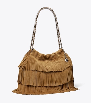 Tory Burch designer hobo bags Fleming Suede Fringe Hobo Bag in WILD TABACCO angle
