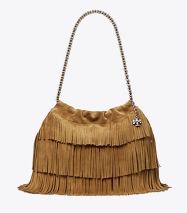 Tory Burch designer hobo bags Fleming Suede Fringe Hobo Bag in WILD TABACCO front