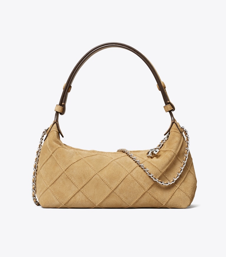 Tory Burch designer クロスボディバッグ フレミング スエード ポシェット バッグ in Stone 戻る