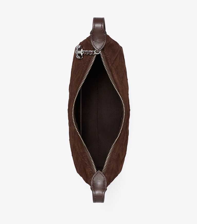 Tory Burch designer crossbody bags Fleming Suede Pochette in Dark Cocoa overhead