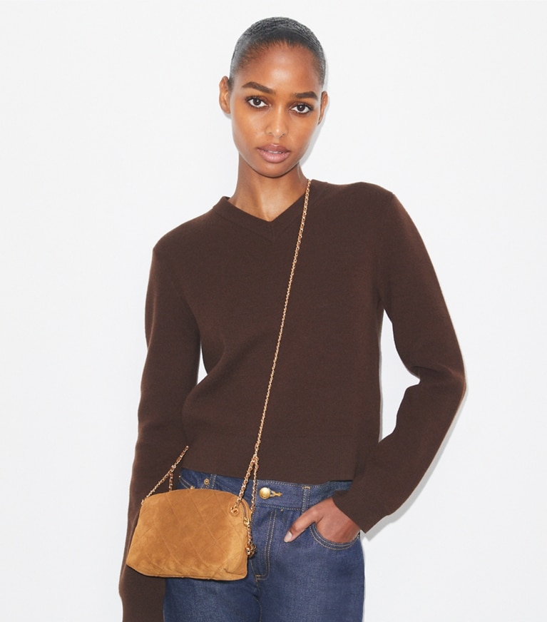 Tory Burch designer crossbody bags Fleming Suede Soft Crossbody Bag in CHICORY BROWN angle
