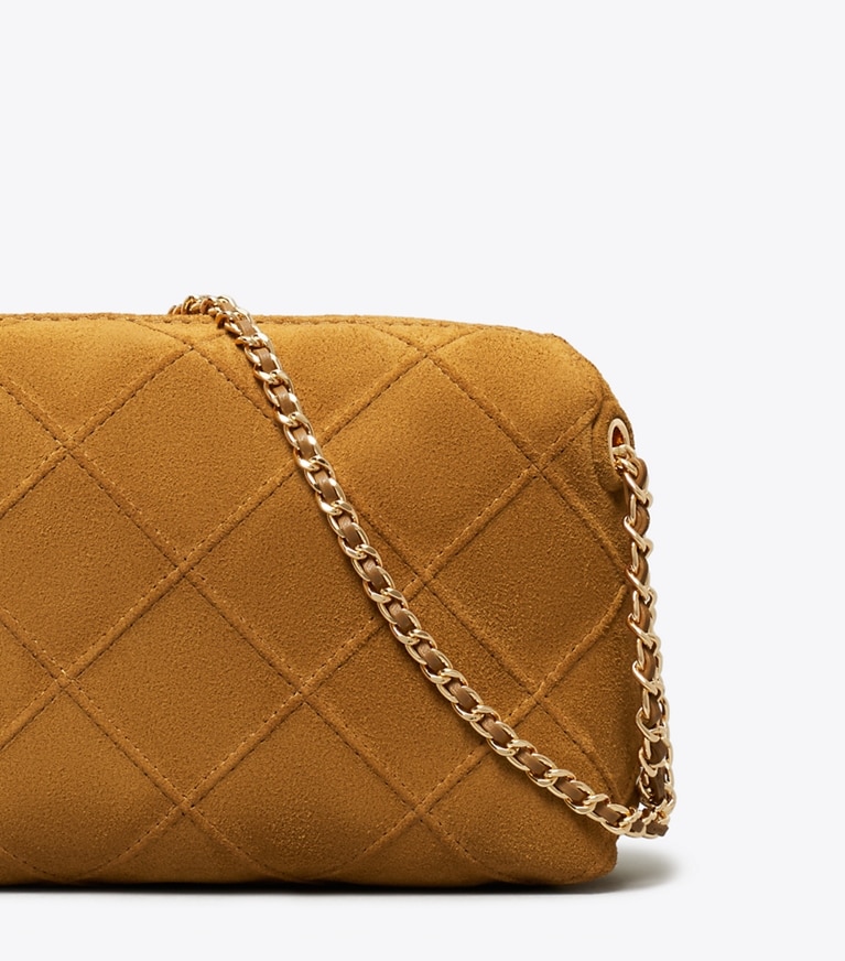 Tory Burch designer crossbody bags Fleming Suede Soft Crossbody Bag in CHICORY BROWN angle
