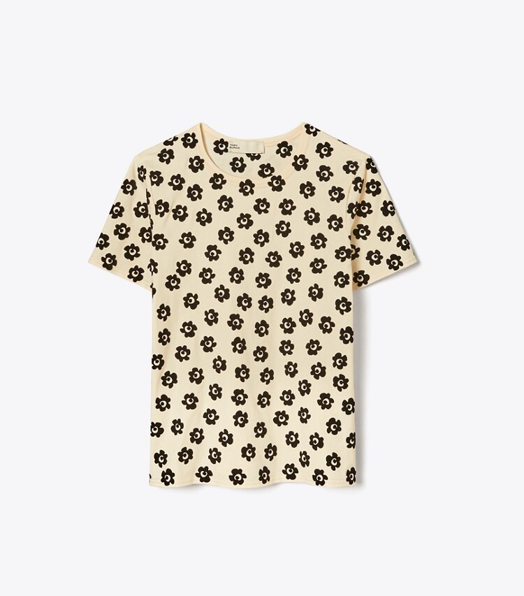 Tory Burch designer tops Flocked Flower Stencil T-Shirt in French Cream / Black front