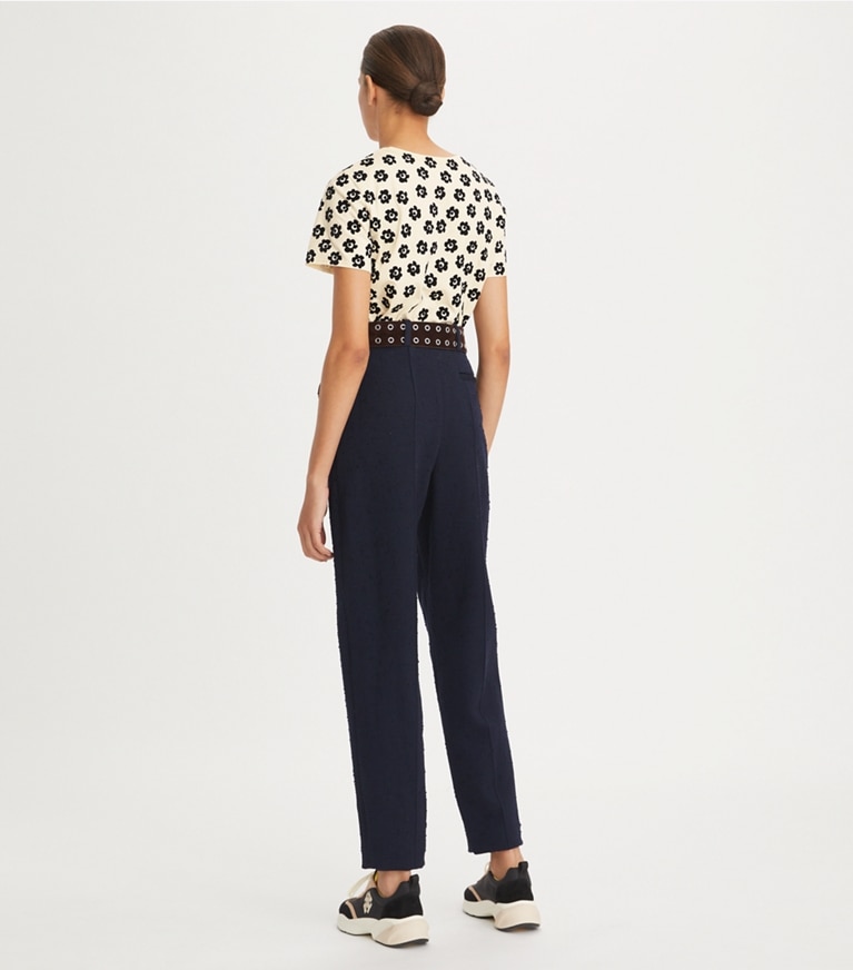 Tory Burch designer tops Flocked Flower Stencil T-Shirt in French Cream / Black front