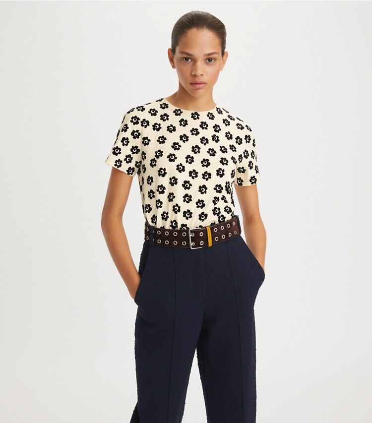 Tory Burch designer tops Flocked Flower Stencil T-Shirt in French Cream / Black on model detail