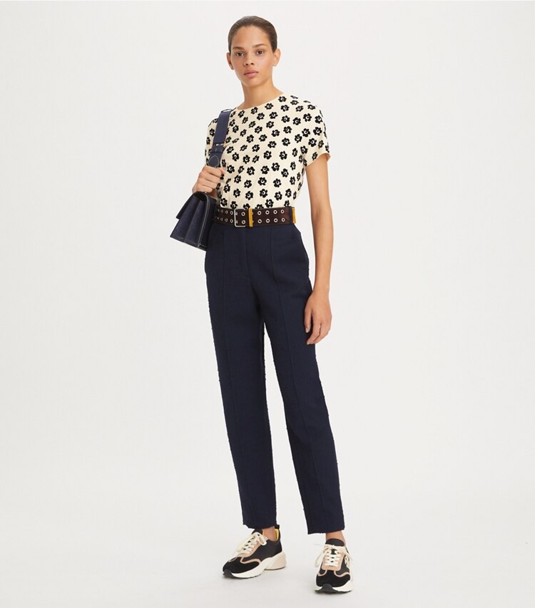 Tory Burch designer tops Flocked Flower Stencil T-Shirt in French Cream / Black on model front