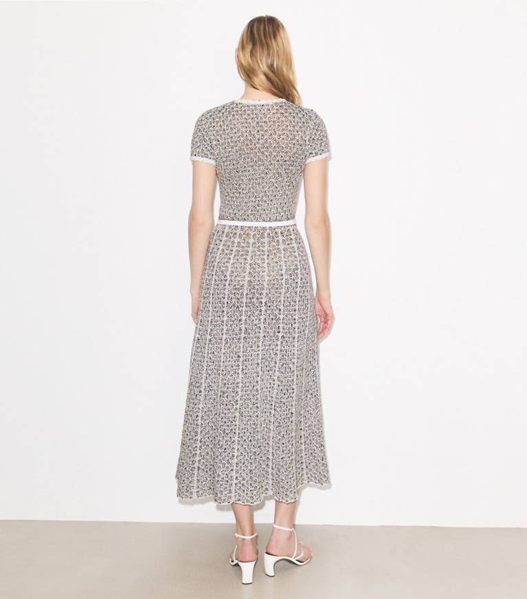Tory Burch designer dresses Floral Appliqué Knit Dress in Blue / White on model back