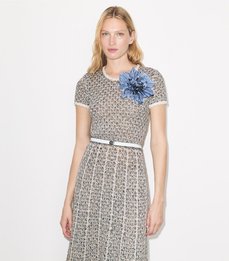Tory Burch designer dresses Floral Appliqué Knit Dress in Blue / White on model detail