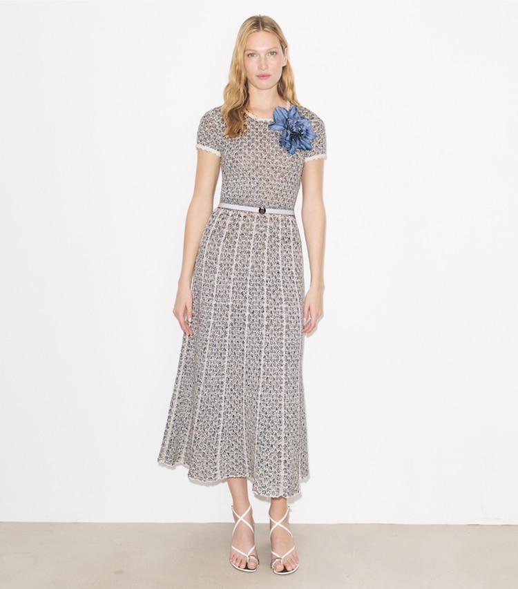 Tory Burch designer dresses Floral Appliqué Knit Dress in Blue / White on model front