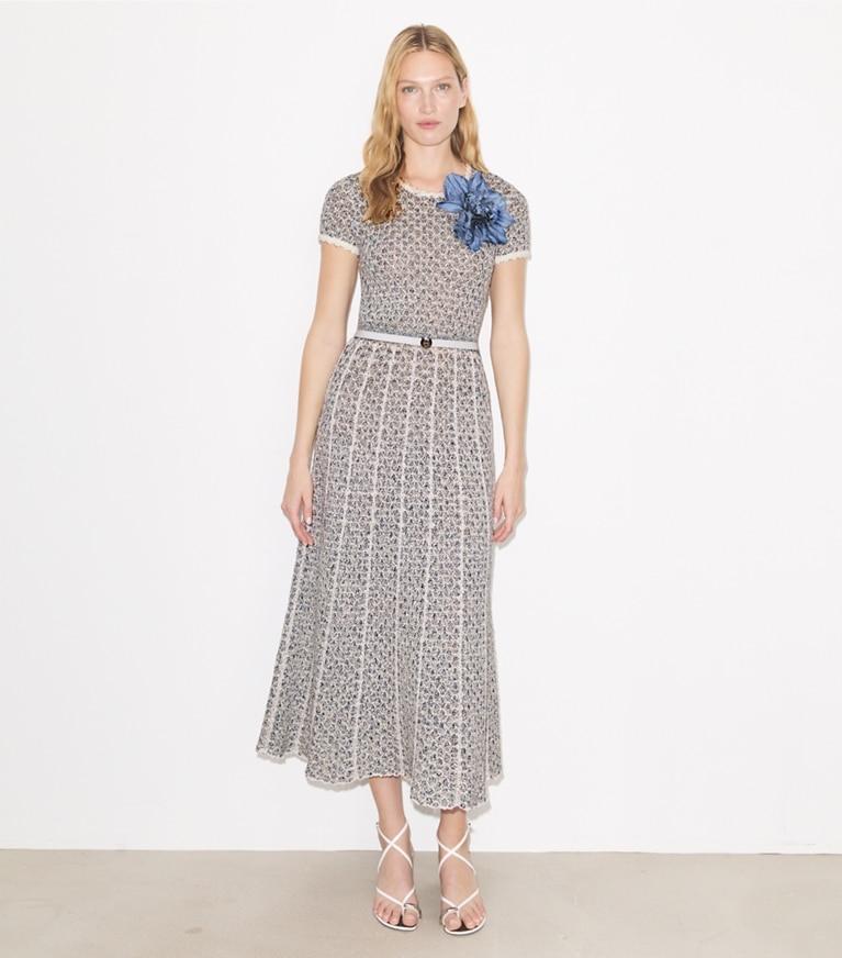 Tory Burch designer dresses Floral Appliqué Knit Dress in Blue / White on model front
