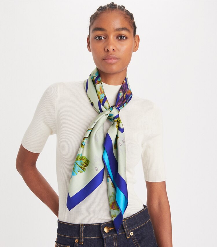 Tory Burch designer scarves Floral Blur Square in Blurry Floral Purple accessory on model