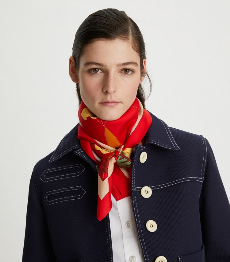 Tory Burch designer scarves Floral Compass Silk Square Scarf  in Floral Compass Red accessory on model