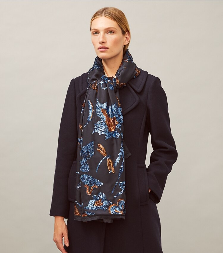 Tory Burch designer scarves Floral Embellished Oblong Blanket Scarf in Ceramic Bouquet accessory on model