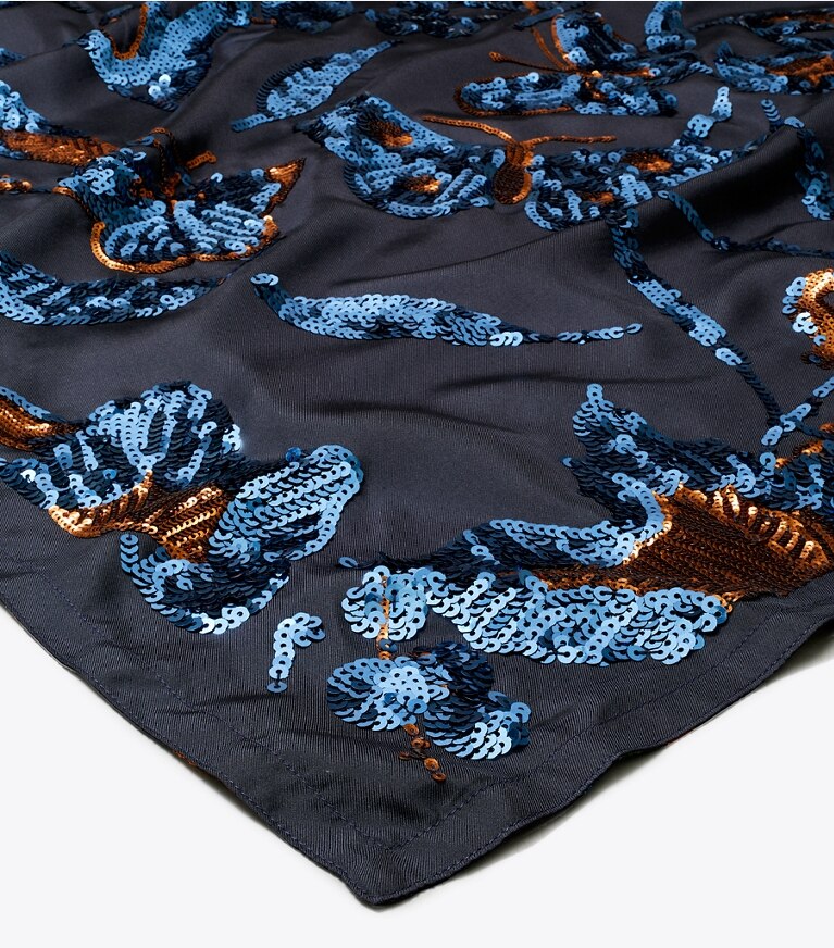 Tory Burch designer scarves Floral Embellished Oblong Blanket Scarf in Ceramic Bouquet overhead