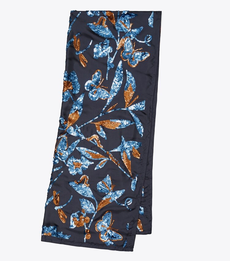 Tory Burch designer scarves Floral Embellished Oblong Blanket Scarf in Ceramic Bouquet folded