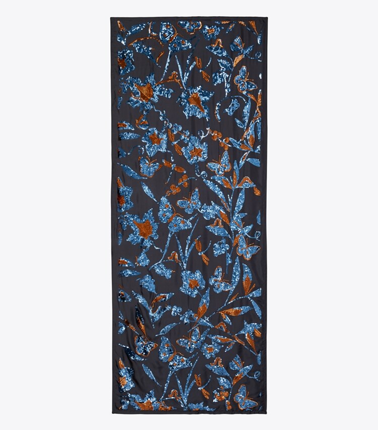 Tory Burch designer scarves Floral Embellished Oblong Blanket Scarf in Ceramic Bouquet overhead