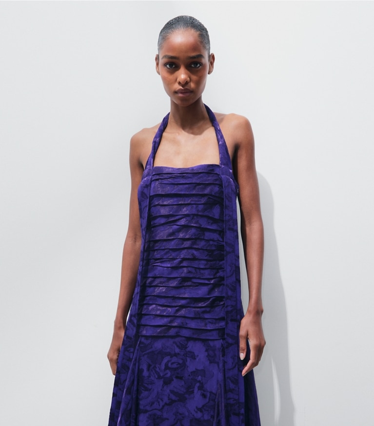 Tory Burch designer dresses Floral Jacquard Halter Dress in Ballpoint Blue on model detail