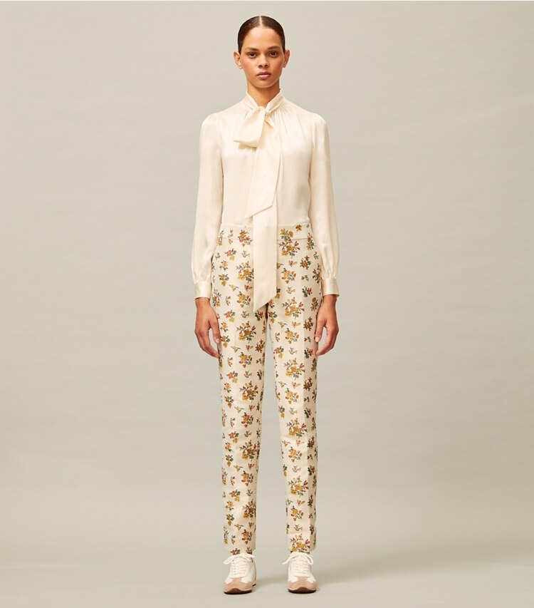 Tory Burch designer bottoms Floral Jacquard Trouser in Rose Floral Jacquard on model front