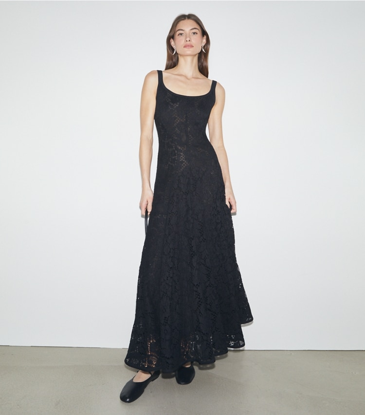 Tory Burch designer dresses Floral Lace Dress in Black on model front
