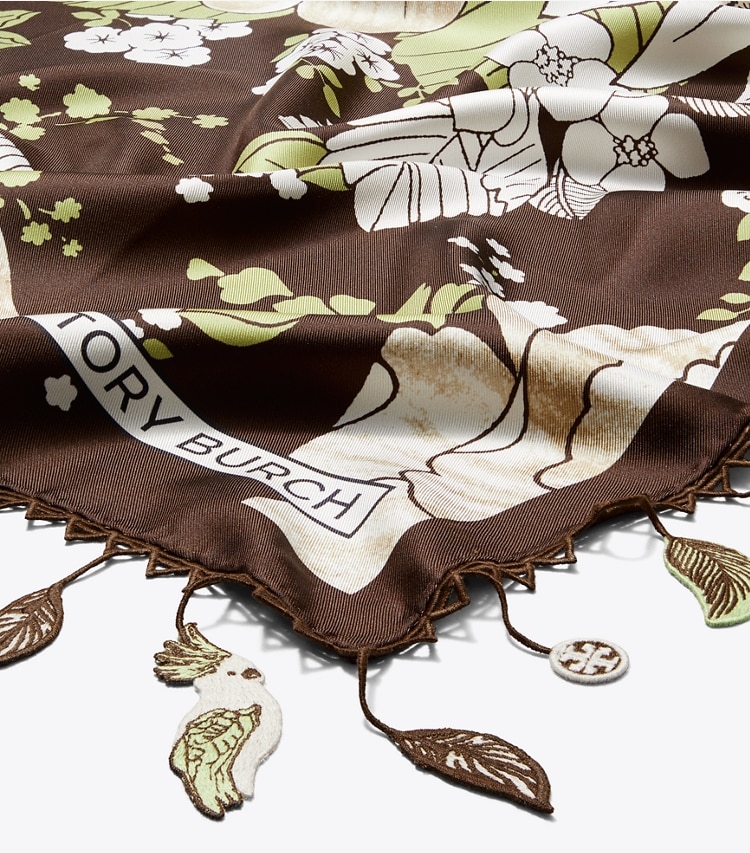 Tory Burch designer scarves Floral Silk Square Scarf in Green / Brown Floral detail