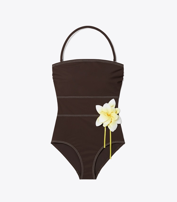 Tory Burch designer one pieces Flower Bandeau Swimsuit in Deep Chocolate front
