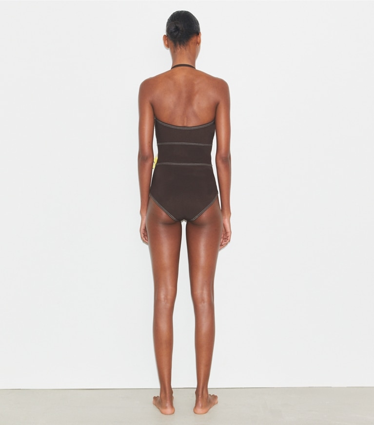 Tory Burch designer one pieces Flower Bandeau Swimsuit in Deep Chocolate front