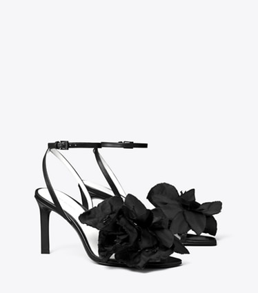 Tory Burch designer sandals Flower Heeled Sandal in PERFECT BLACK angle